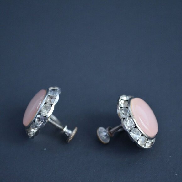 Vintage Pink Acrylic CZ Gemstone Circle Round Screw Back Earrings - Picture 4 of 5